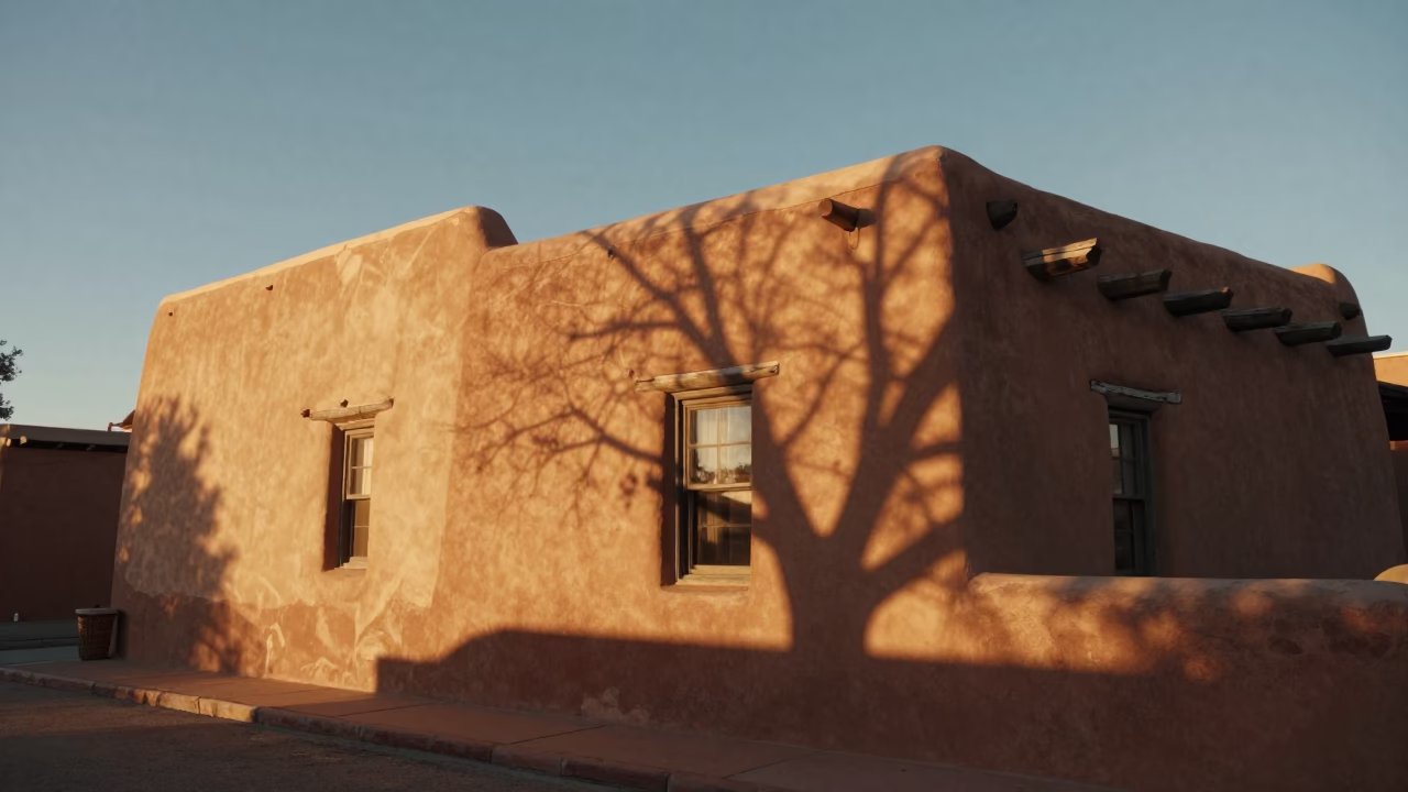 Santa Fe New Mexico Golden Hour Adobe Architecture and Wicker Shadows in in Santa Fe, New Mexico, United States