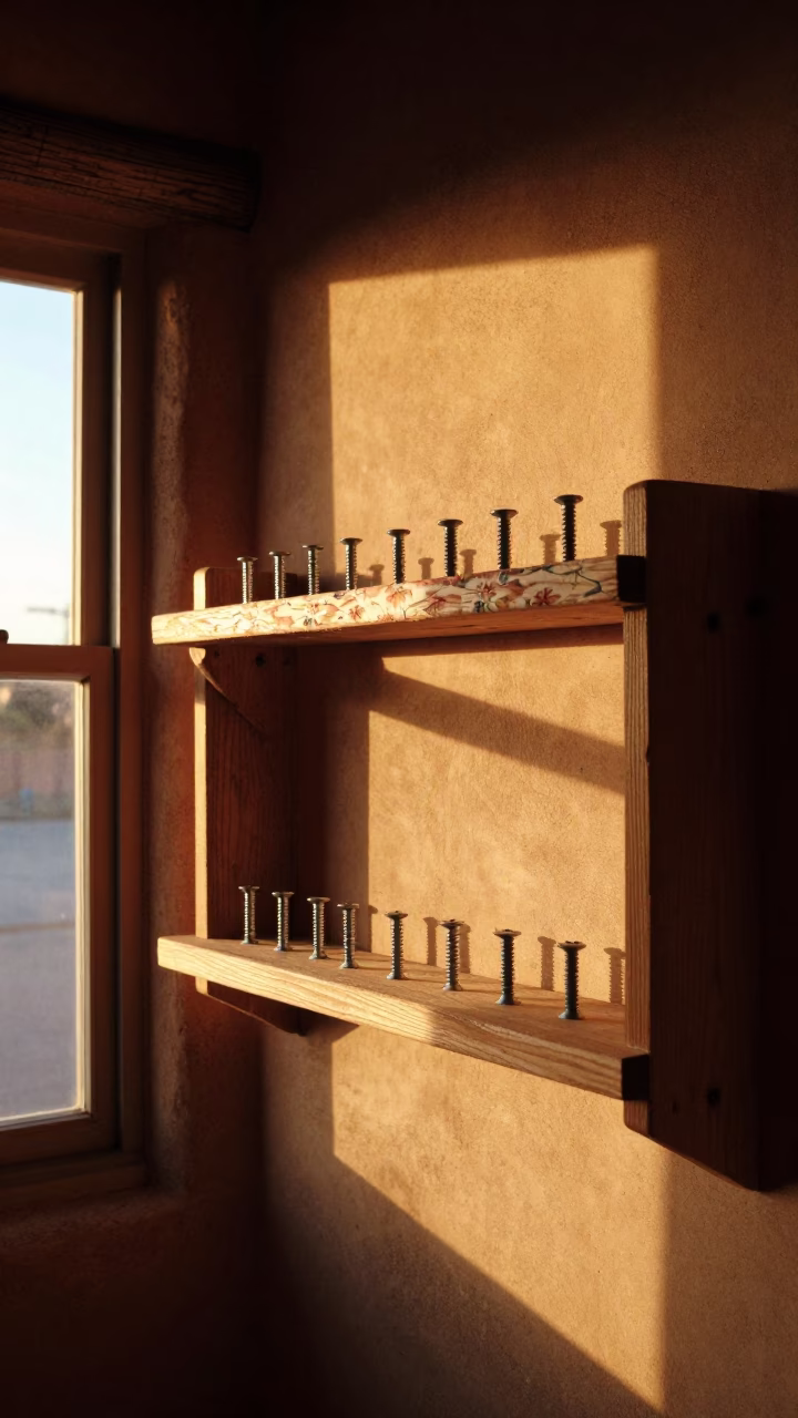 Santa Fe New Mexico Golden Hour Adobe Architecture Hand Tool Shelf Interior in in Santa Fe, New Mexico, United States
