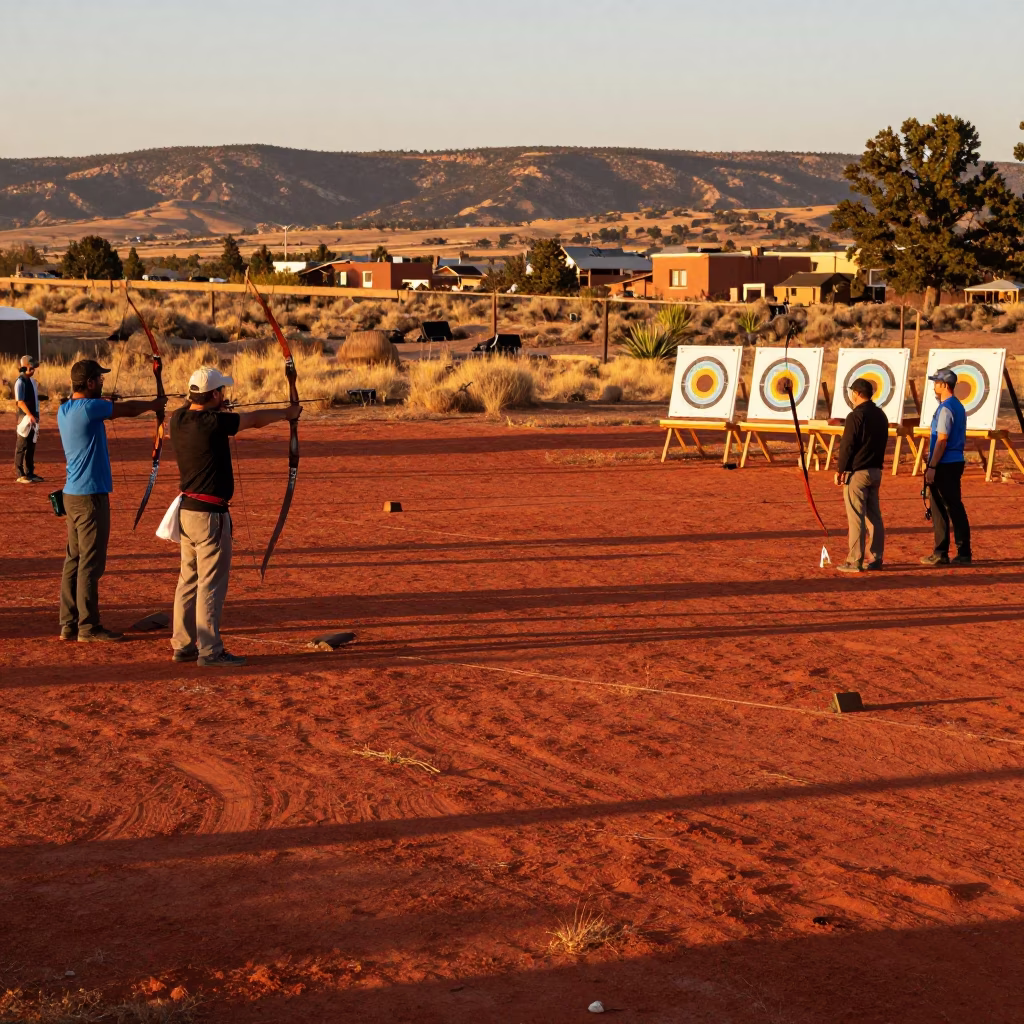 Santa Fe New Mexico Golden Hour Adobe Architecture Traditional Archery Contest Field in in Santa Fe, New Mexico, United States