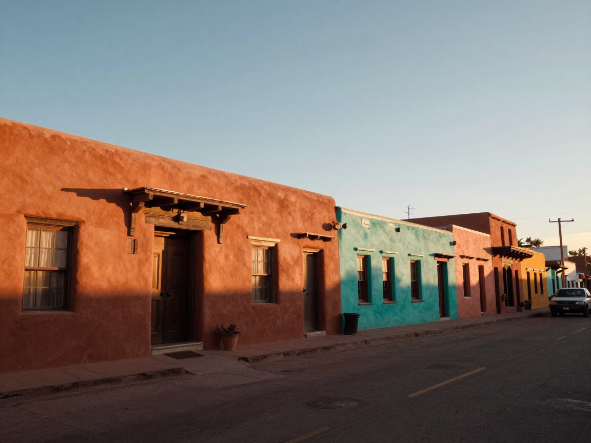Santa Fe New Mexico Golden Hour Street Photography of Colorful Adobes and Local Life in in Santa Fe, New Mexico, United States