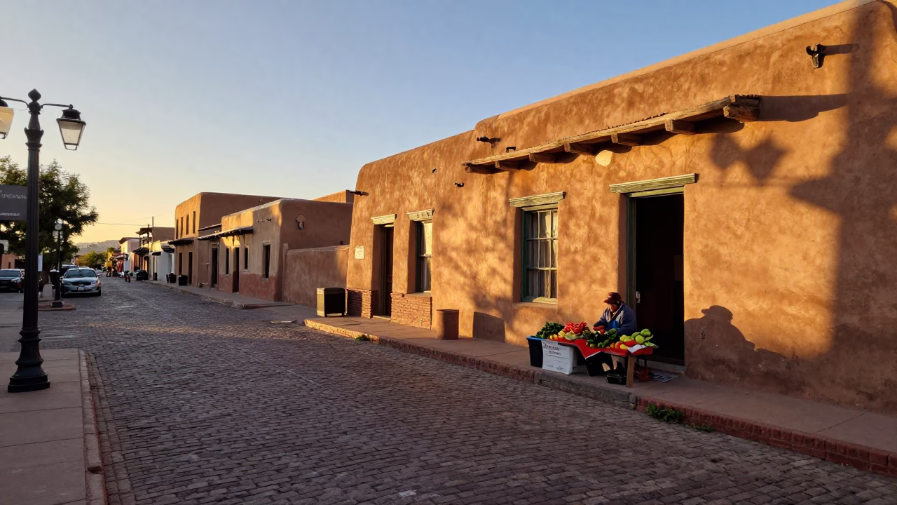 Santa Fe New Mexico Golden Hour Street Scene with Chili Peppers and Adobe Architecture in in Santa Fe, New Mexico, United States