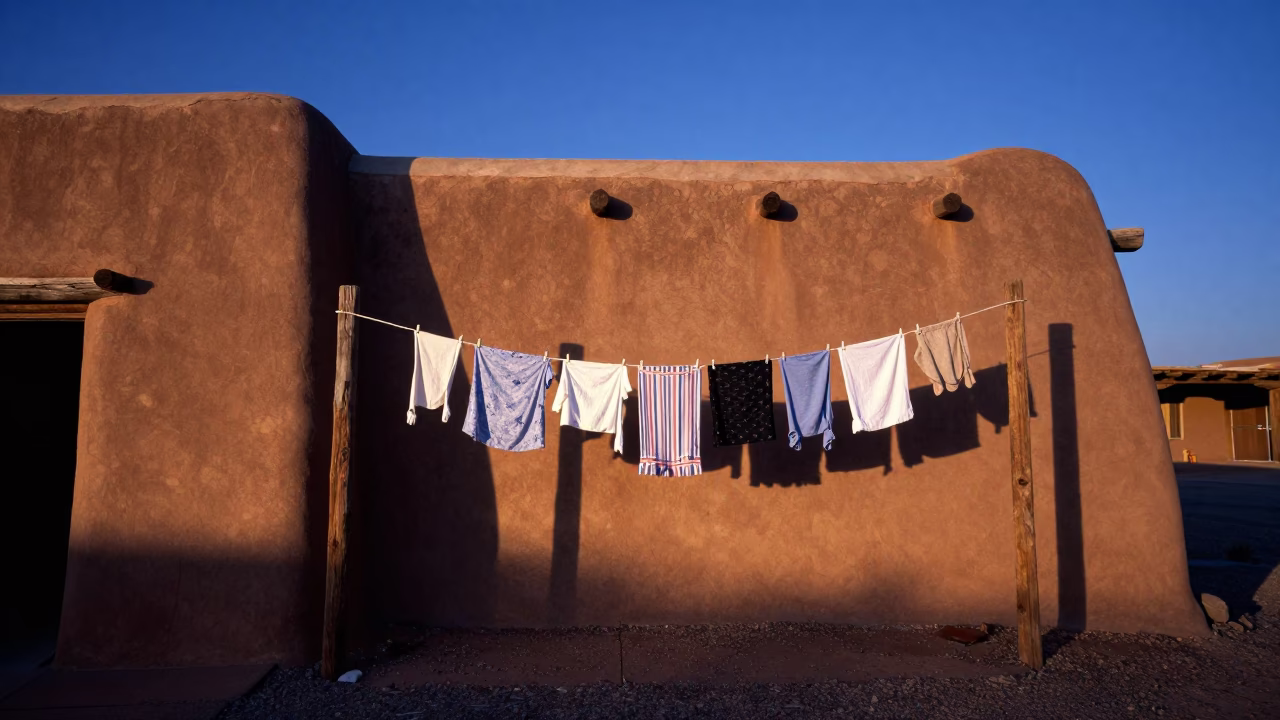 Santa Fe New Mexico Indigo Twilight Adobe Architecture Clothesline Basket in in Santa Fe, New Mexico, United States