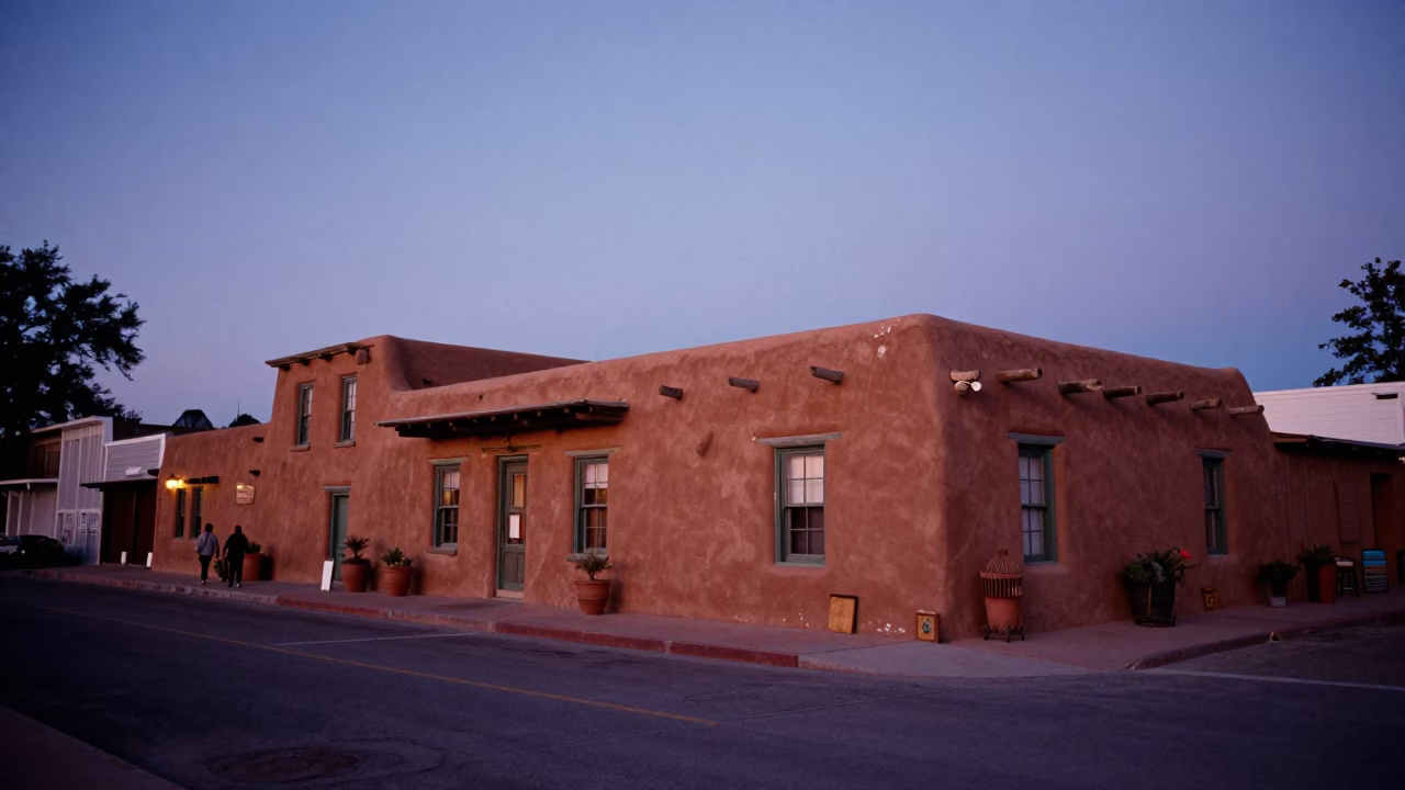 Santa Fe New Mexico Indigo Twilight Adobe Architecture Street Scene with Terracotta Pot in in Santa Fe, New Mexico, United States