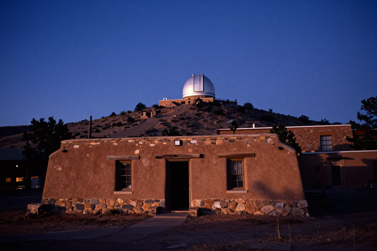 Santa Fe New Mexico indigo twilight stone observatory hilltop adobe architecture in in Santa Fe, New Mexico, United States