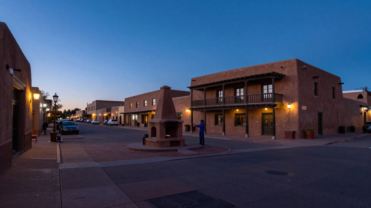 Santa Fe New Mexico indigo twilight street scene with adobe architecture and local commerce in in Santa Fe, New Mexico, United States