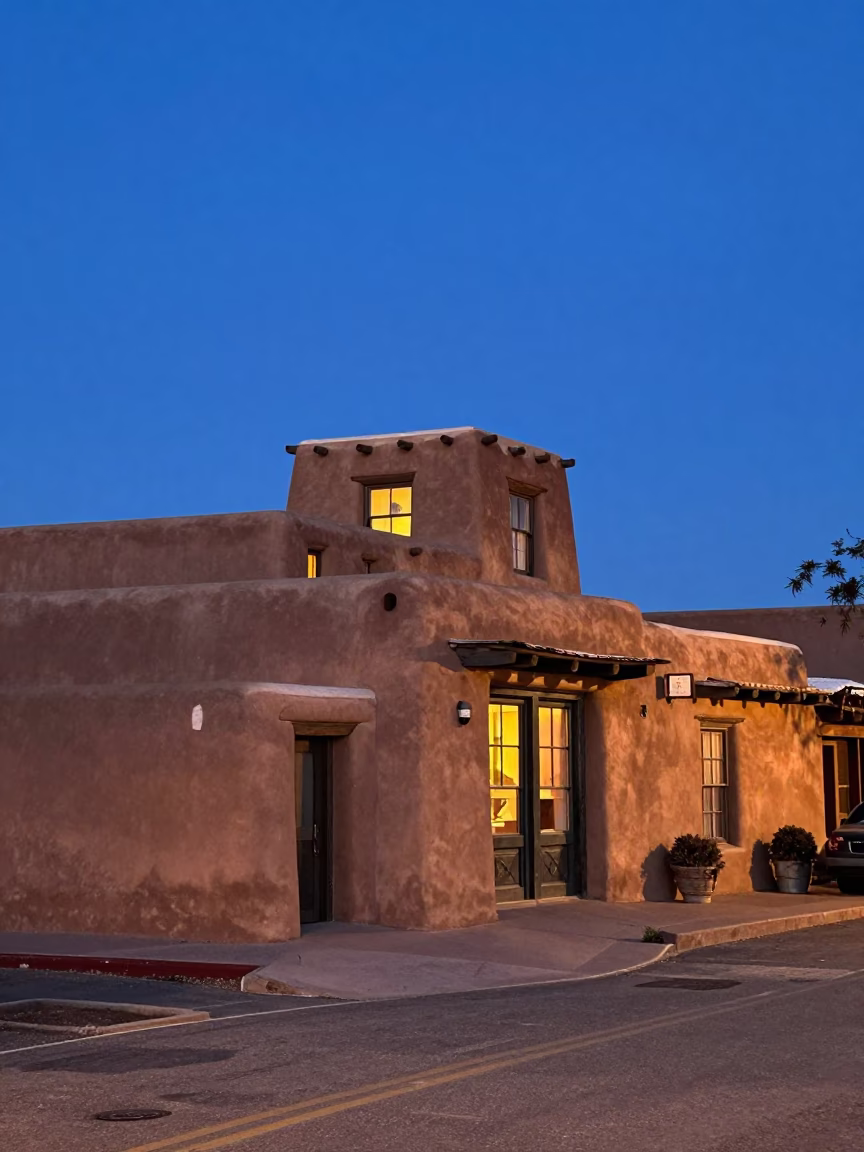 Santa Fe New Mexico indigo twilight street scene with adobe architecture and local dining in in Santa Fe, New Mexico, United States