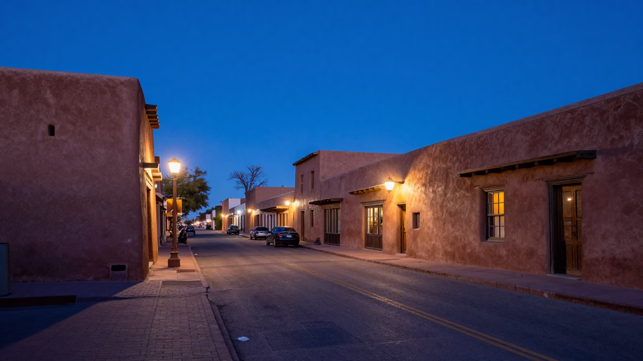 Santa Fe New Mexico indigo twilight street scene with adobe architecture and local life in in Santa Fe, New Mexico, United States