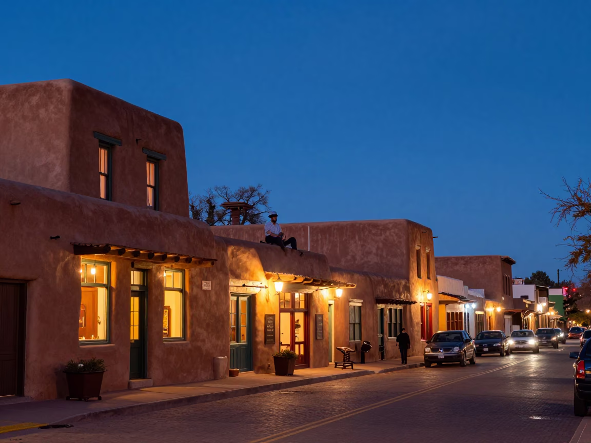 Santa Fe New Mexico indigo twilight street scene with adobe architecture and local pedestrians in in Santa Fe, New Mexico, United States