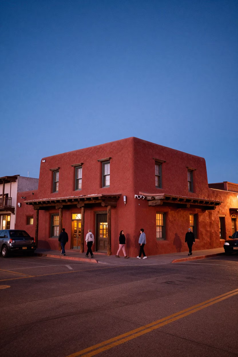 Santa Fe New Mexico indigo twilight street scene with adobe architecture and thermos in in Santa Fe, New Mexico, United States