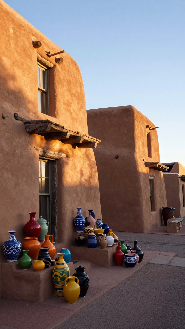 Santa Fe New Mexico Late Afternoon Adobe Architecture and Colorful Pottery Display in in Santa Fe, New Mexico, United States