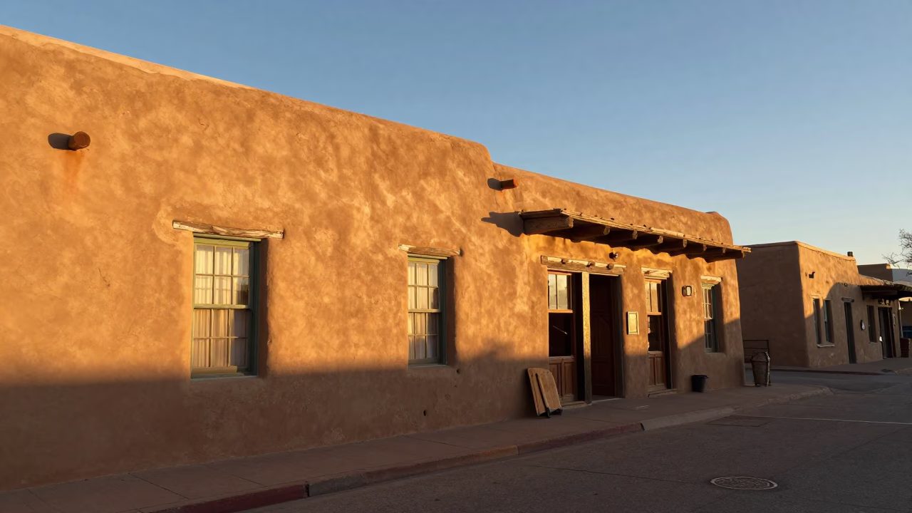 Santa Fe New Mexico Late Afternoon Adobe Architecture and Street Life in in Santa Fe, New Mexico, United States