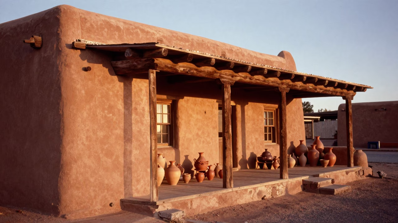 Santa Fe New Mexico Late Afternoon Adobe Architecture and Traditional Pottery Display in in Santa Fe, New Mexico, United States
