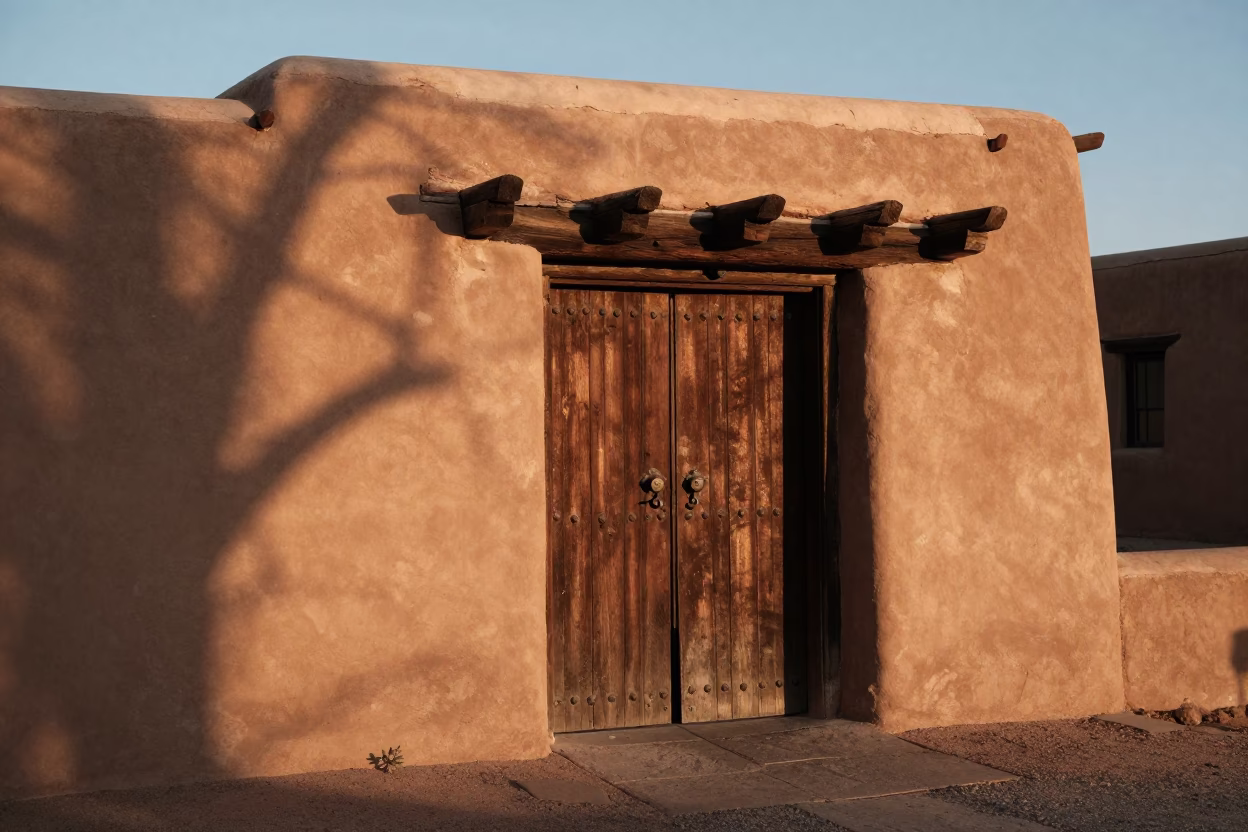 Santa Fe New Mexico Late Afternoon Adobe Architecture with Adobes and Wooden Doors in in Santa Fe, New Mexico, United States