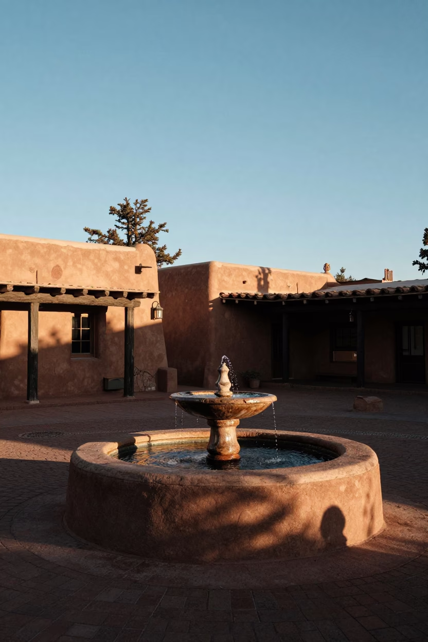 Santa Fe New Mexico Late Afternoon Adobe Plaza Scene with Traditional Elements in in Santa Fe, New Mexico, United States
