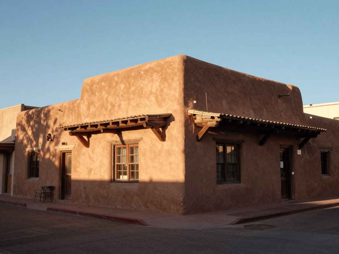 Santa Fe New Mexico Late Afternoon Street Scene with Adobe Architecture and Chili Peppers in in Santa Fe, New Mexico, United States