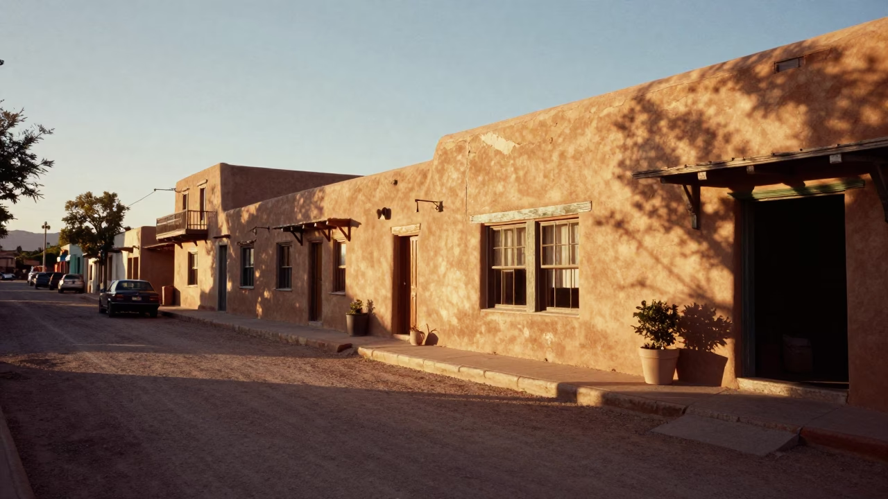 Santa Fe New Mexico Late Afternoon Street Scene with Adobe Architecture and Colorful Details in in Santa Fe, New Mexico, United States