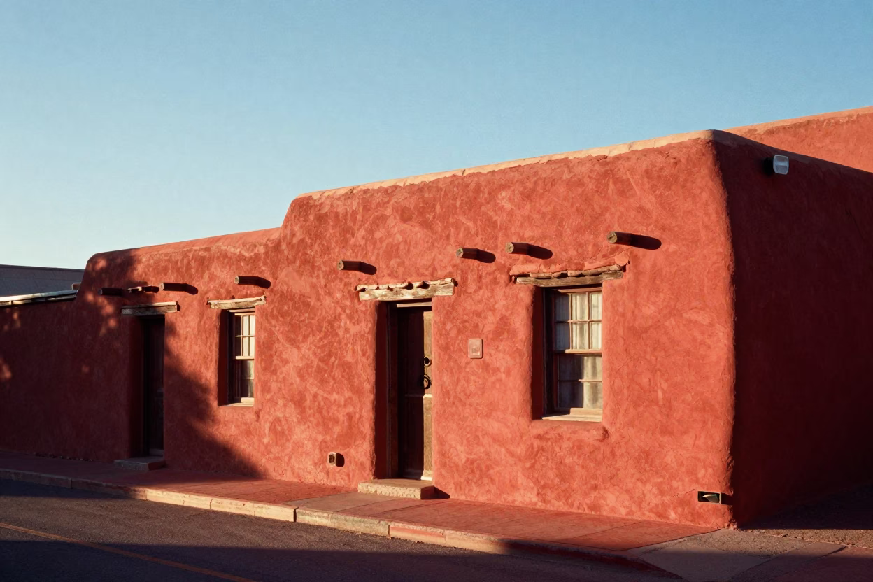 Santa Fe New Mexico Late Afternoon Sunlight on Adobe Architecture and Red Clay Streets in in Santa Fe, New Mexico, United States