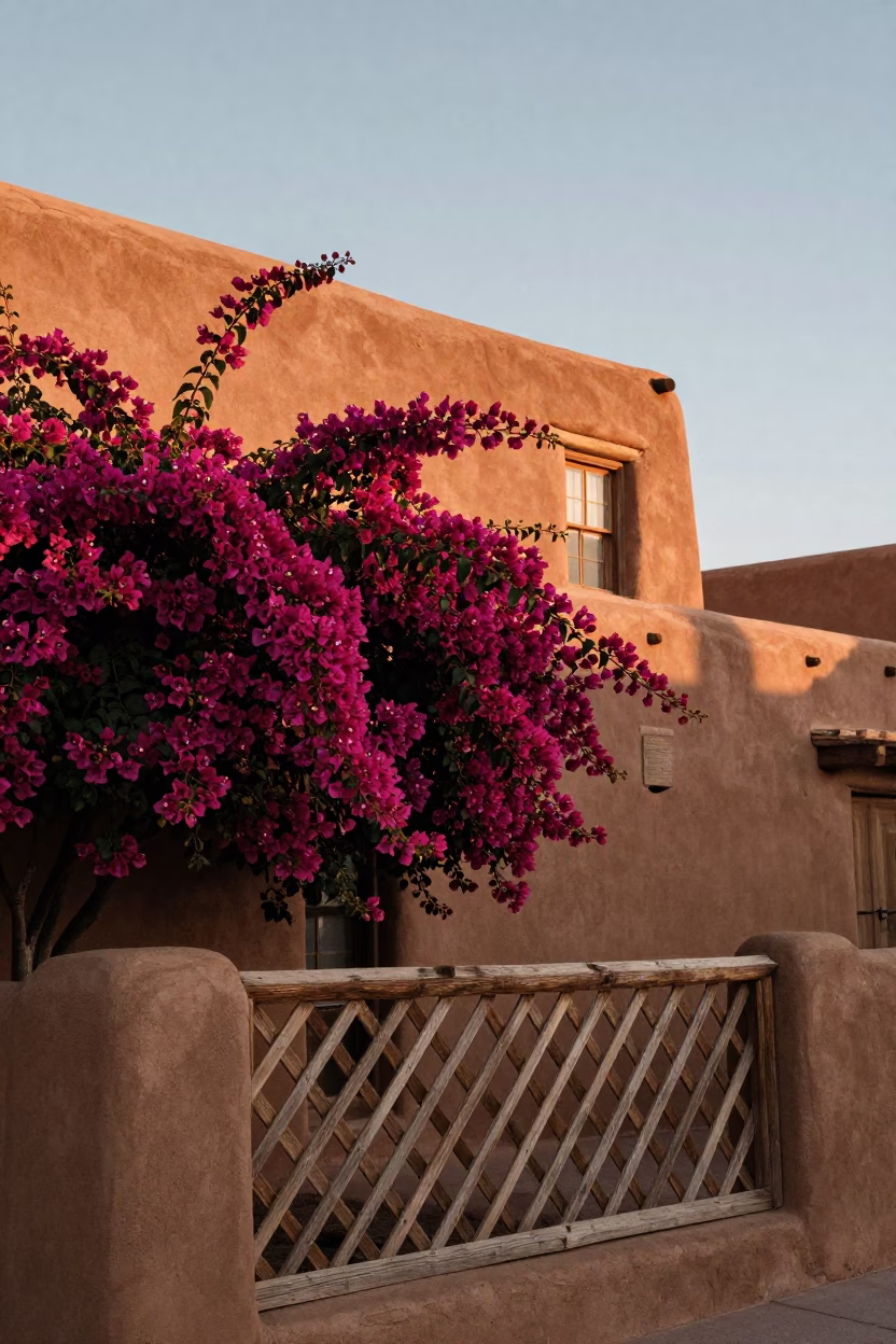 Santa Fe New Mexico Late Morning Adobe Architecture and Bougainvillea Blooms in in Santa Fe, New Mexico, United States