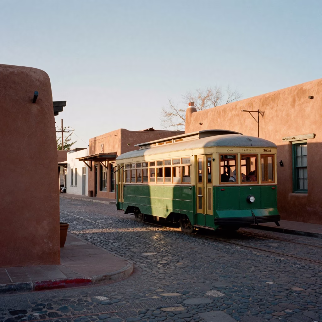 Santa Fe New Mexico Late Morning Adobe Architecture and Colorful Street Scene in in Santa Fe, New Mexico, United States