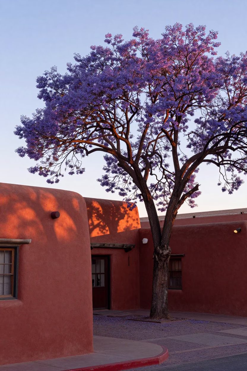 Santa Fe New Mexico Late Morning Adobe Architecture and Jacaranda Bloom in in Santa Fe, New Mexico, United States