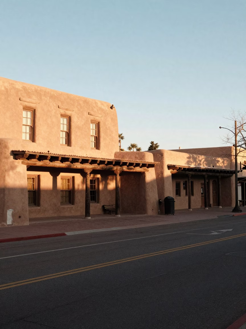Santa Fe New Mexico Late Morning Adobe Architecture and Plaza Street Scene in in Santa Fe, New Mexico, United States