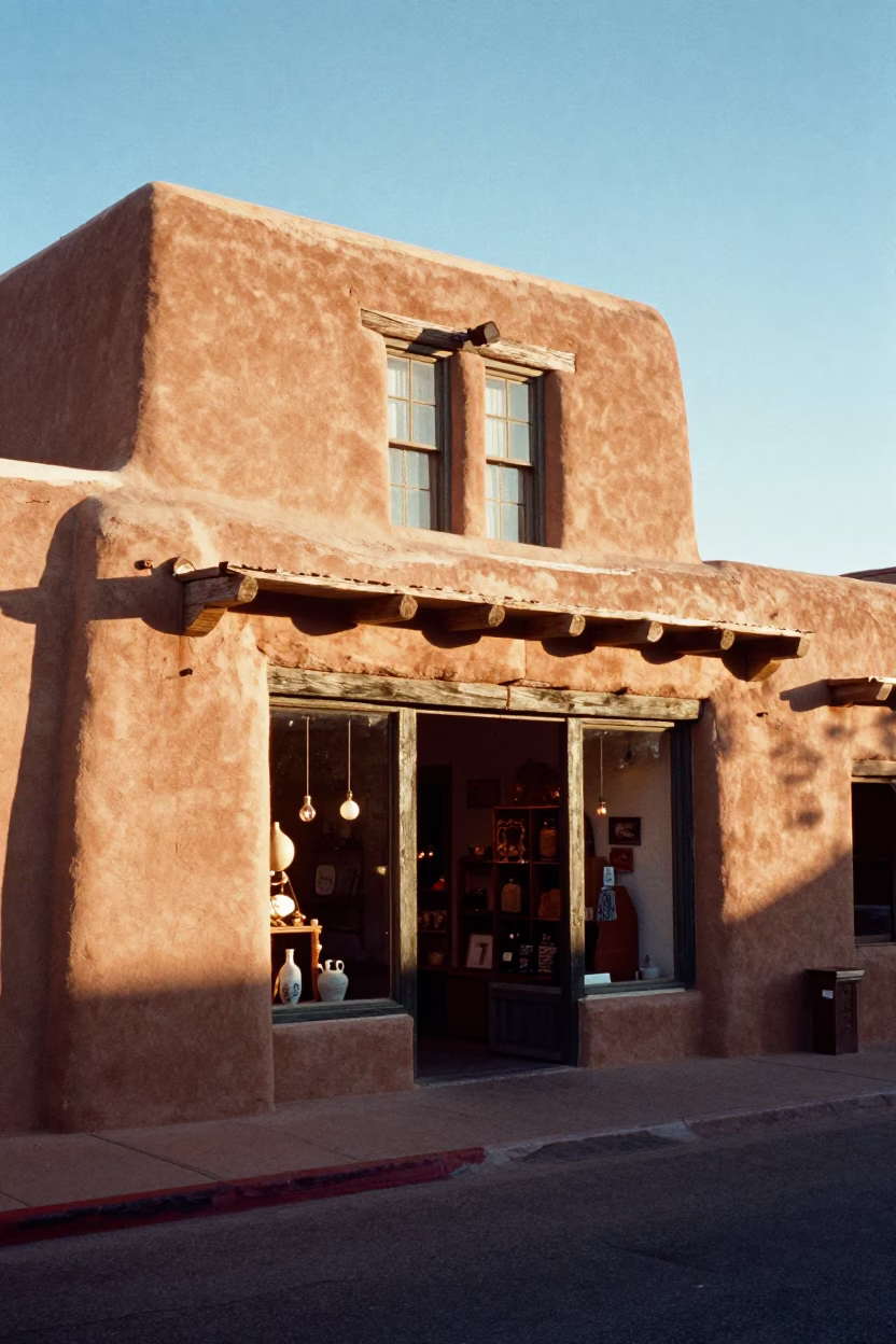 Santa Fe New Mexico Late Morning Adobe Architecture with Adorned Shop Display in in Santa Fe, New Mexico, United States