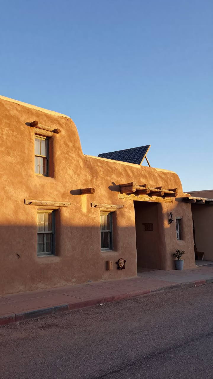 Santa Fe New Mexico Late Morning Sunlight on Adobe Architecture and Solar Array in in Santa Fe, New Mexico, United States