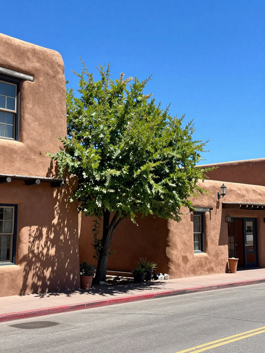 Santa Fe New Mexico Midday Adobe Architecture and Lush Green Street Scene in in Santa Fe, New Mexico, United States
