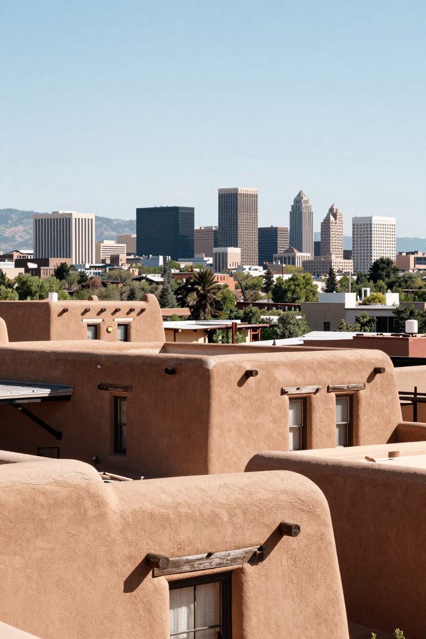 Santa Fe New Mexico Midday Adobe Architecture and Skyline Landscape View in in Santa Fe, New Mexico, United States
