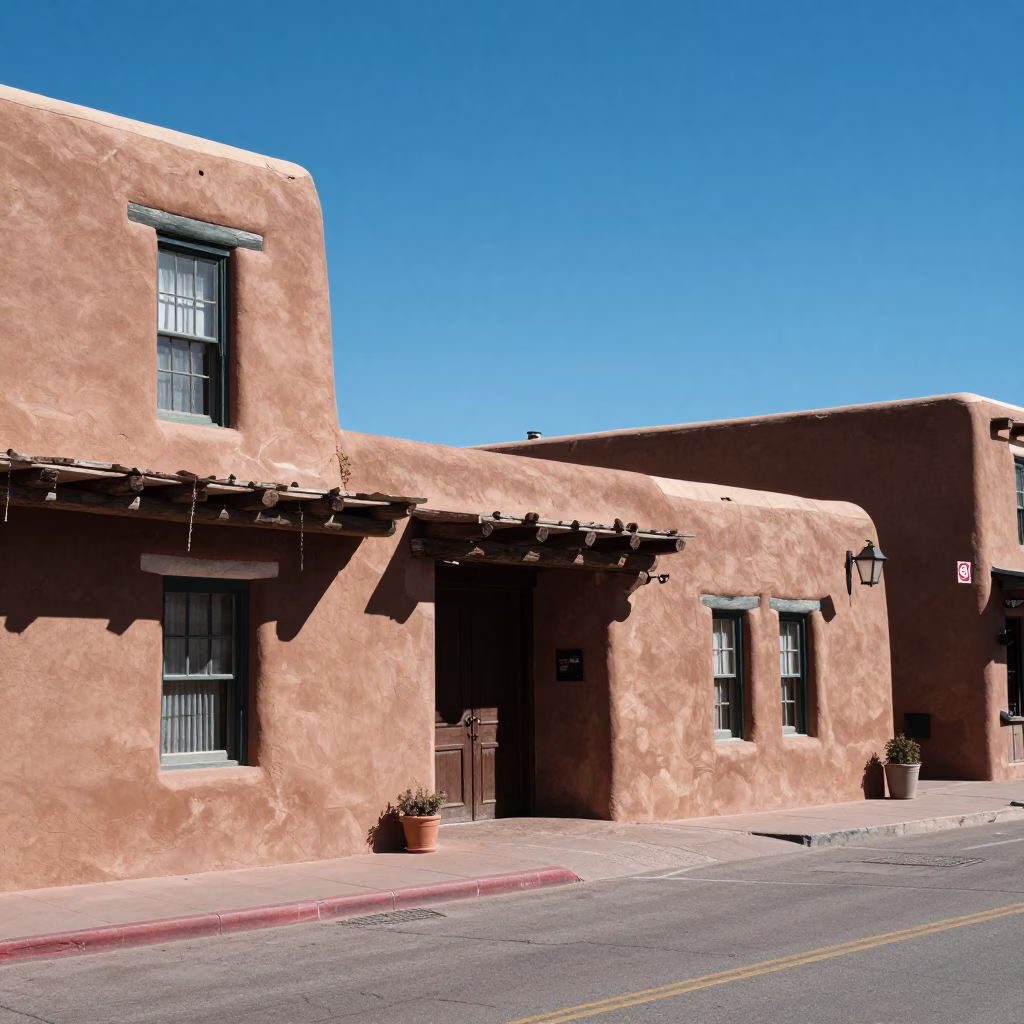 Santa Fe New Mexico Midday Adobe Architecture and Street Scene in in Santa Fe, New Mexico, United States