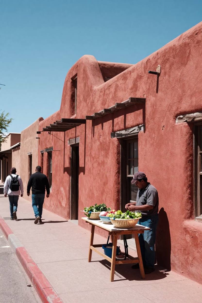 Santa Fe New Mexico Midday Street Scene with Adobe Architecture and Local Market Goods in in Santa Fe, New Mexico, United States