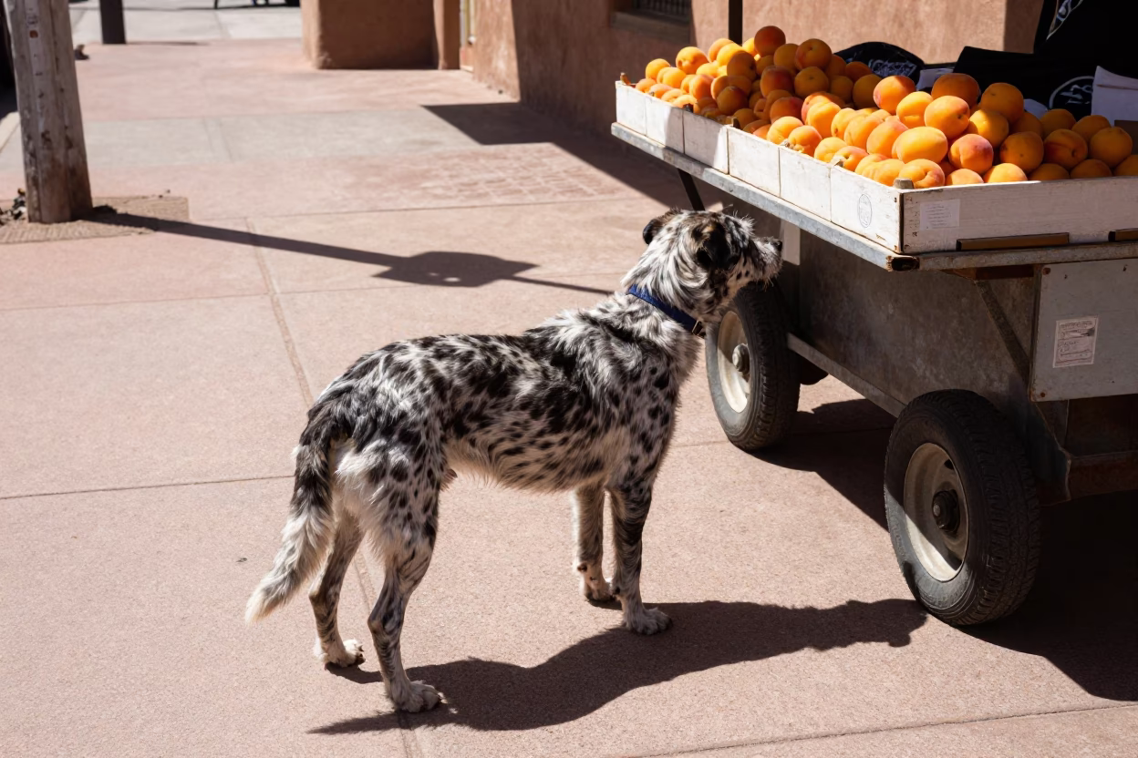 Santa Fe New Mexico Midday Street Scene with Catahoula Leopard Dog and Adobe Architecture in in Santa Fe, New Mexico, United States