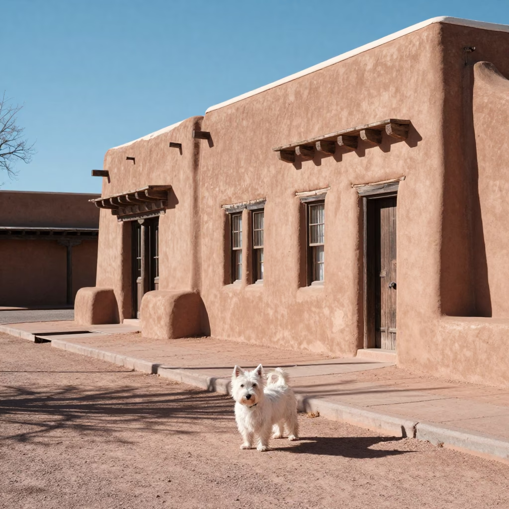 Santa Fe New Mexico Midmorning Light adobe architecture and street scene in in Santa Fe, New Mexico, United States