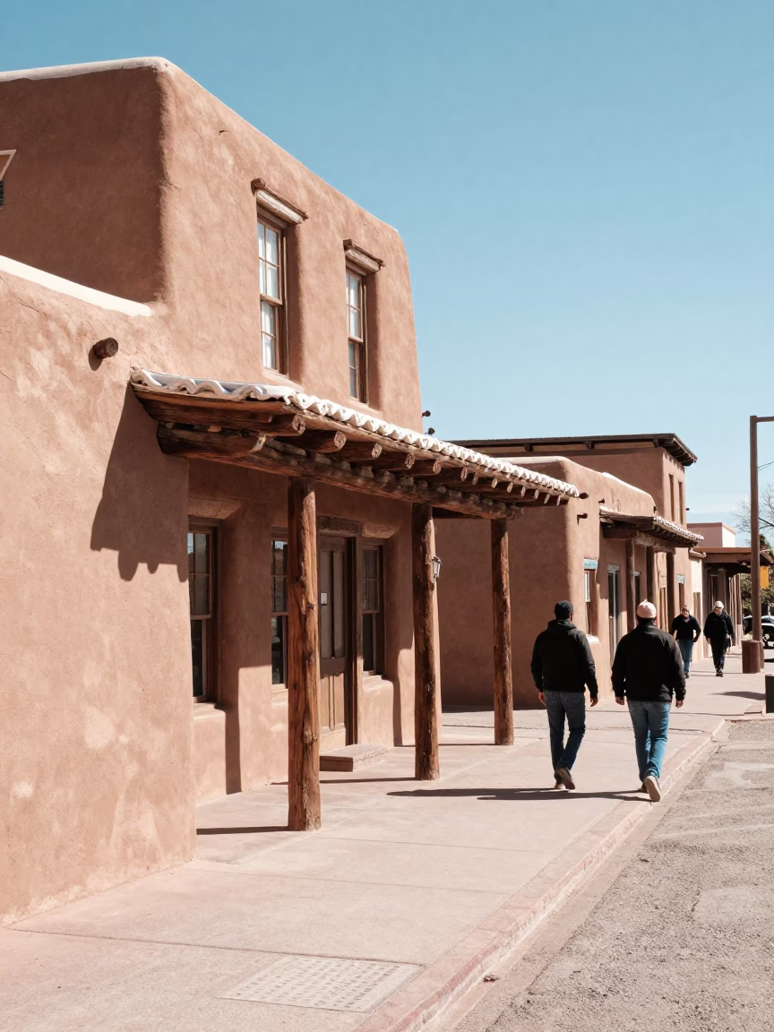 Santa Fe New Mexico Midmorning Street Scene with Adobe Architecture and Local Commerce in in Santa Fe, New Mexico, United States