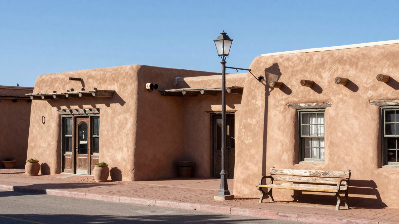 Santa Fe New Mexico Midmorning Sunlight Illuminating Adobe Architecture and Street Scene in in Santa Fe, New Mexico, United States