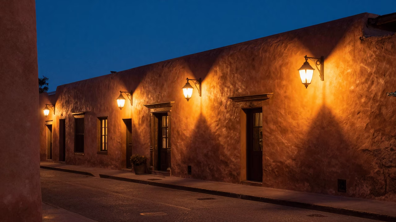 Santa Fe New Mexico midnight street scene with glowing lanterns and historic adobe architecture in in Santa Fe, New Mexico, United States