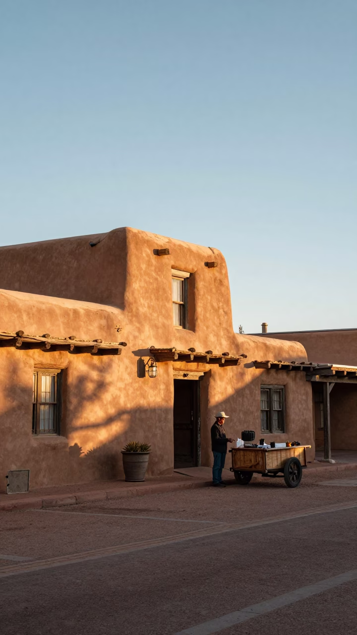 Santa Fe New Mexico Morning Light on Adobe Architecture and Local Market Life in in Santa Fe, New Mexico, United States