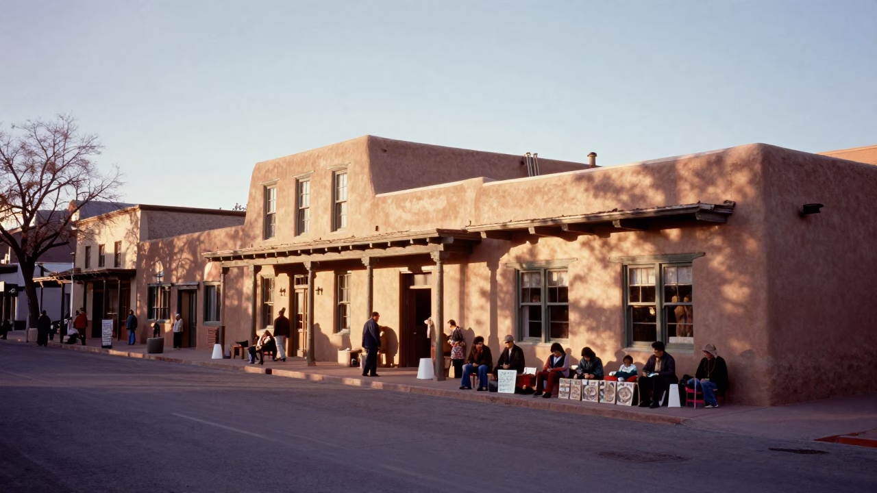 Santa Fe New Mexico Morning Street Scene with Adobe Architecture and Local Commerce in in Santa Fe, New Mexico, United States