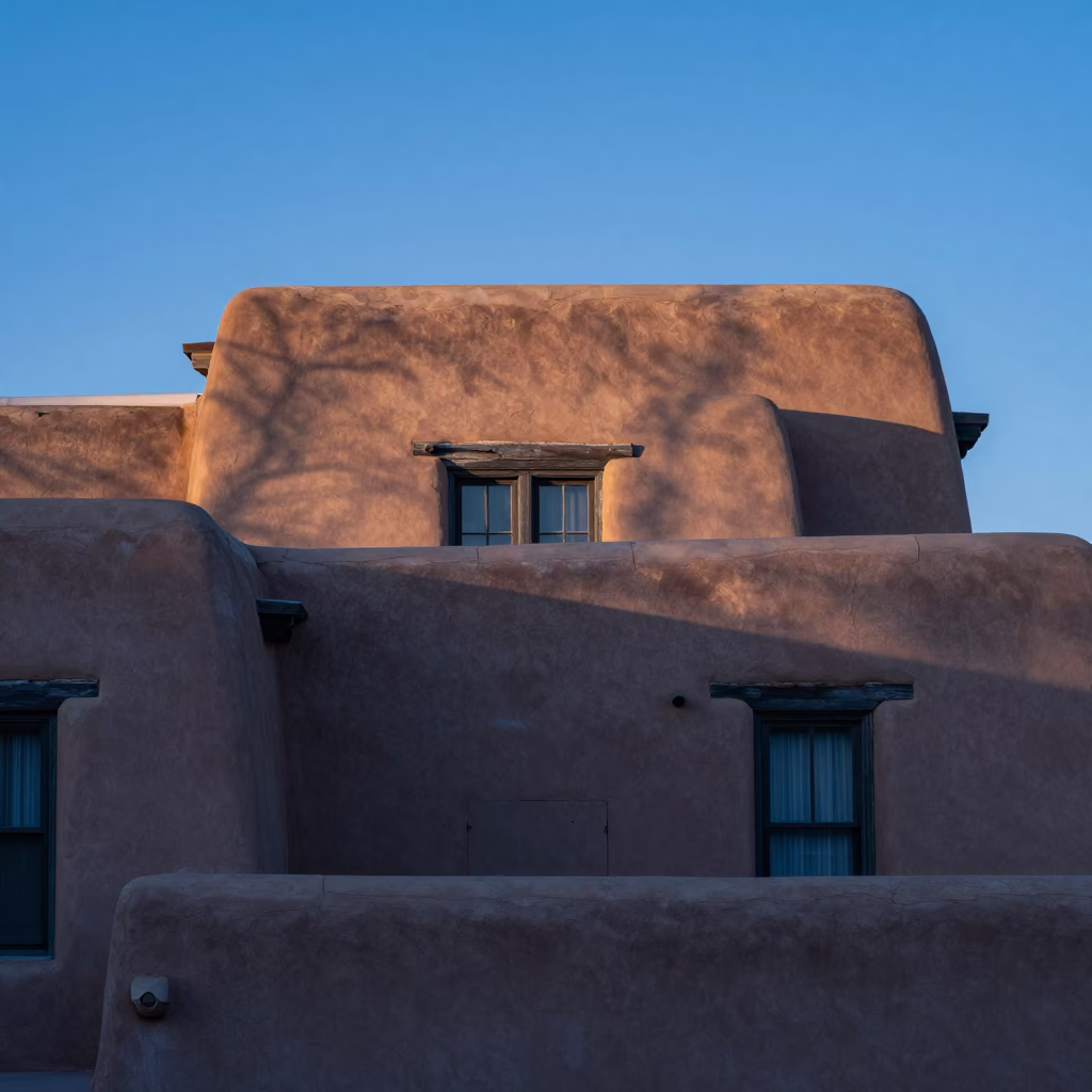 Santa Fe New Mexico Nautical Dawn Adobe Architecture and Morning Light in in Santa Fe, New Mexico, United States