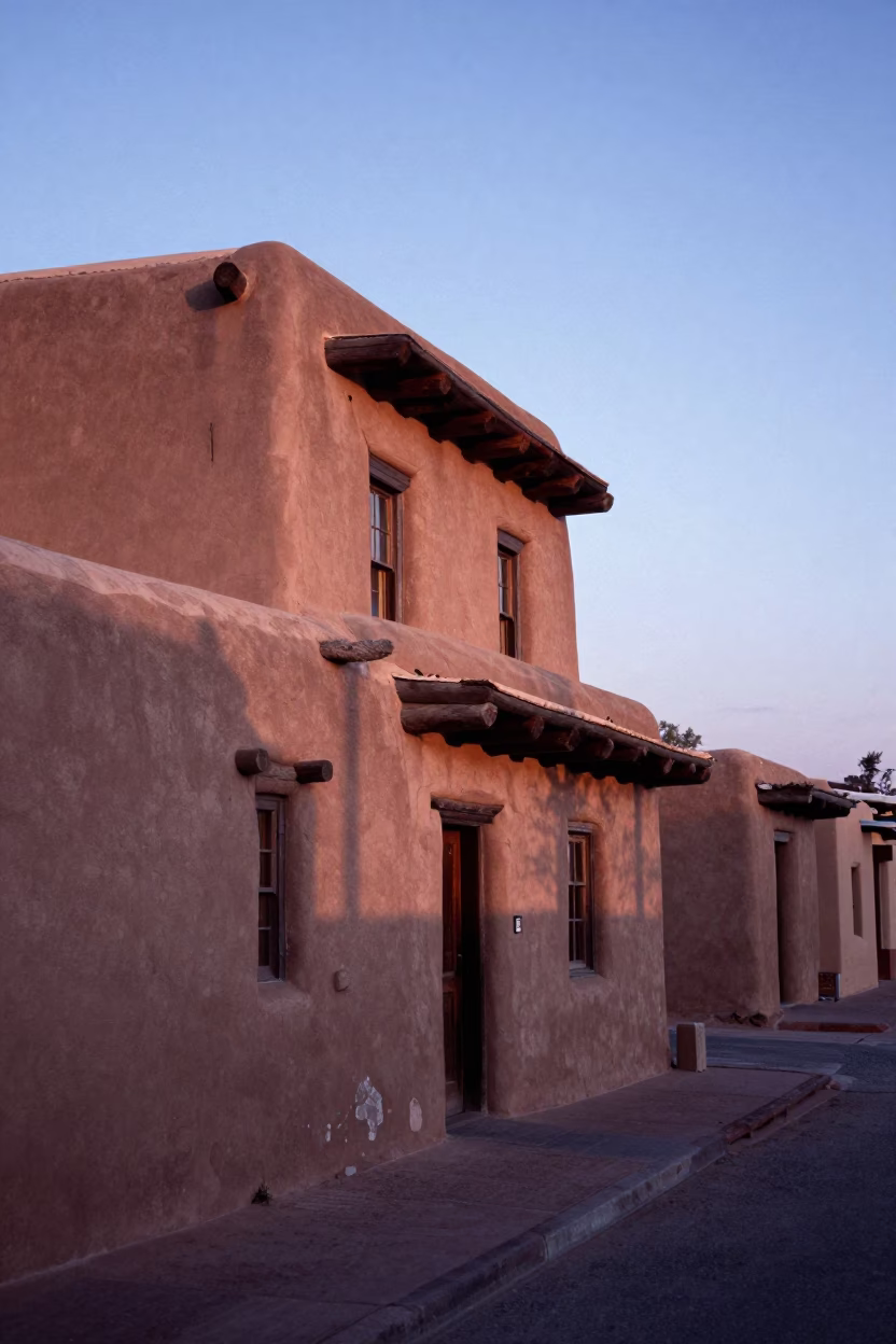 Santa Fe New Mexico Nautical Dawn Adobe Architecture and Morning Street Scene in in Santa Fe, New Mexico, United States