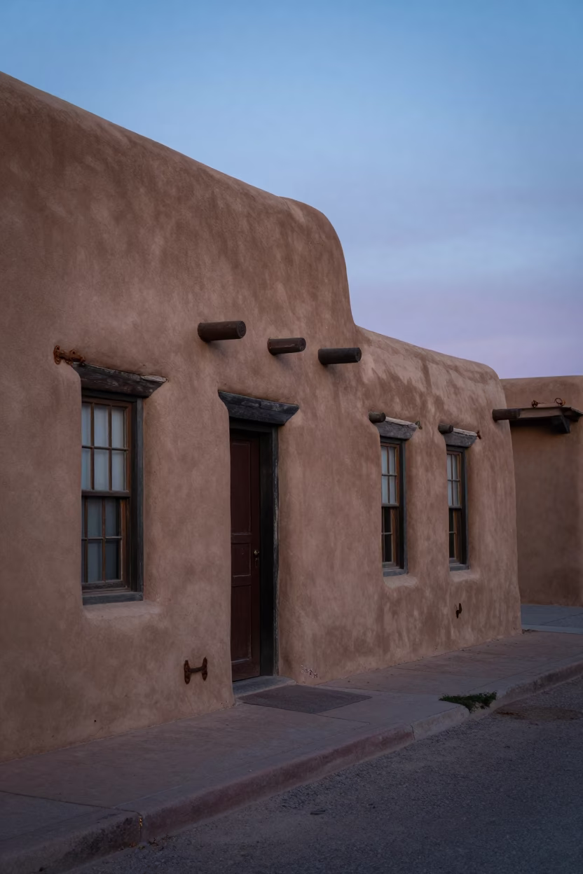 Santa Fe New Mexico Nautical Dawn Adobe Architecture and Rusty Hinges at Early Morning in in Santa Fe, New Mexico, United States