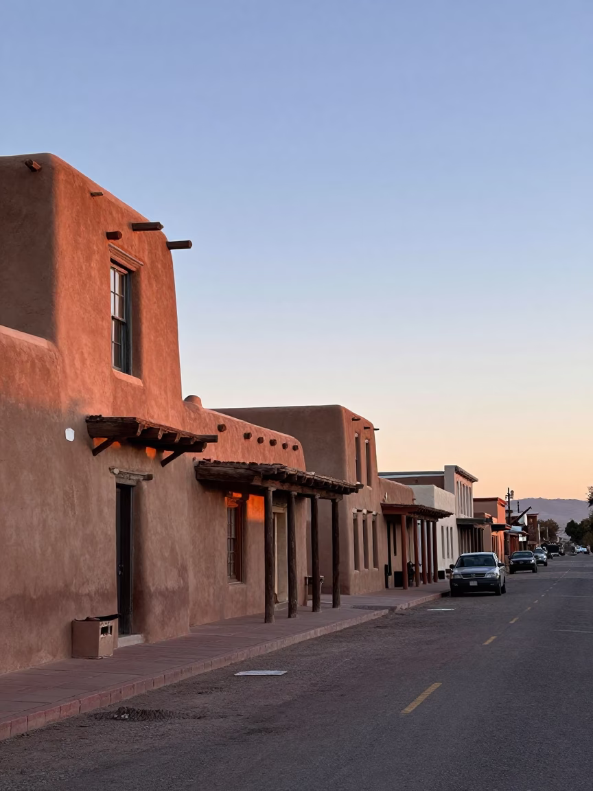 Santa Fe New Mexico Nautical Dawn Adobe Architecture and Street Life in in Santa Fe, New Mexico, United States