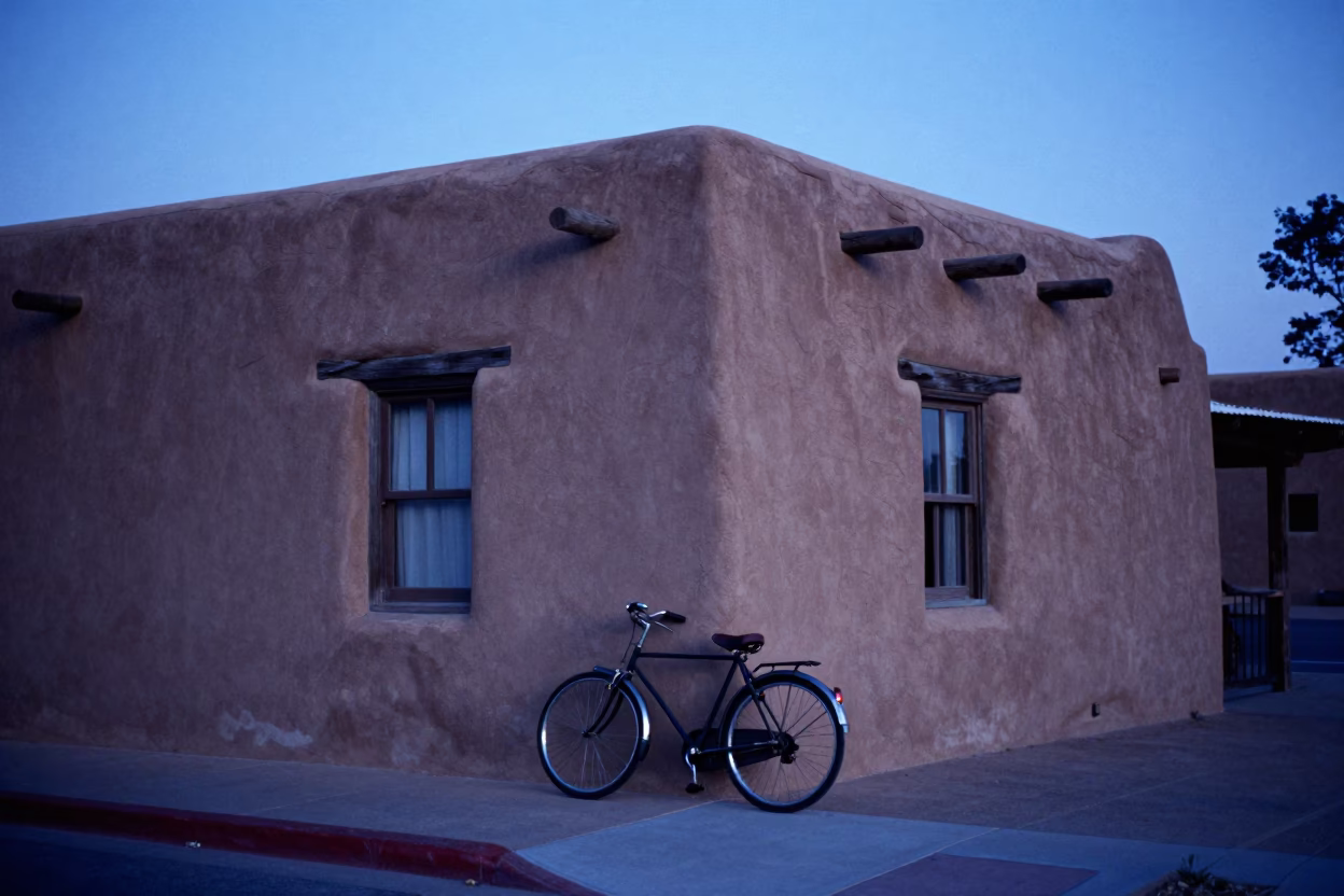 Santa Fe New Mexico Nautical Dawn Adobe Architecture Bicycle Parked Blue Hour Light in in Santa Fe, New Mexico, United States