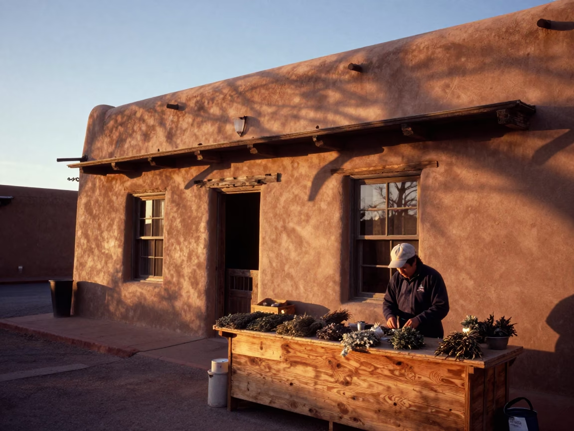 Santa Fe New Mexico Nautical Dawn Adobe Architecture Local Herb Market Scene in in Santa Fe, New Mexico, United States