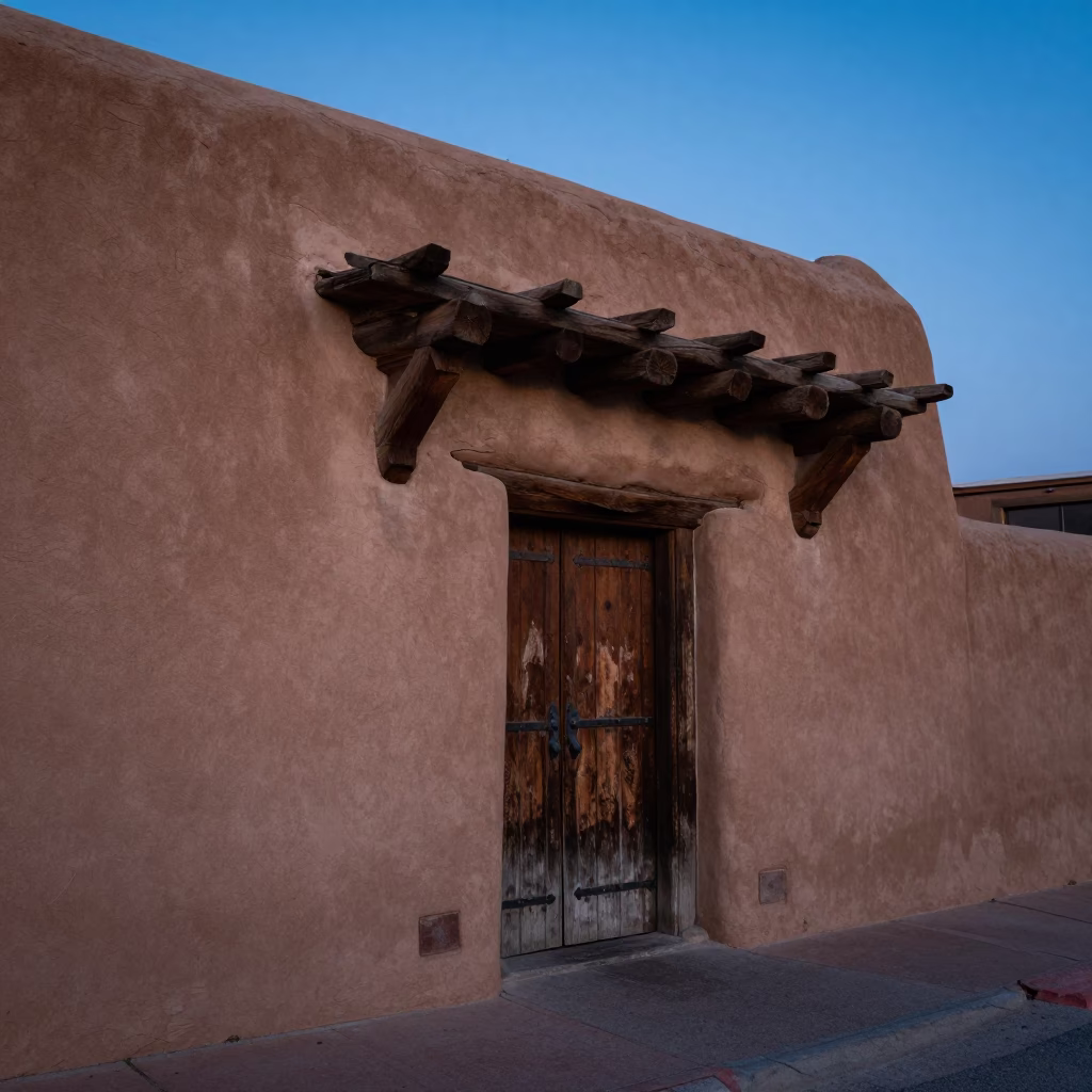 Santa Fe New Mexico Nautical Dawn Adobe Architecture Street Scene in in Santa Fe, New Mexico, United States
