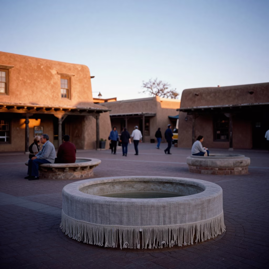 Santa Fe New Mexico Nautical Dawn Adobe Plaza with Linen Fringe Basin and Geraniums in in Santa Fe, New Mexico, United States