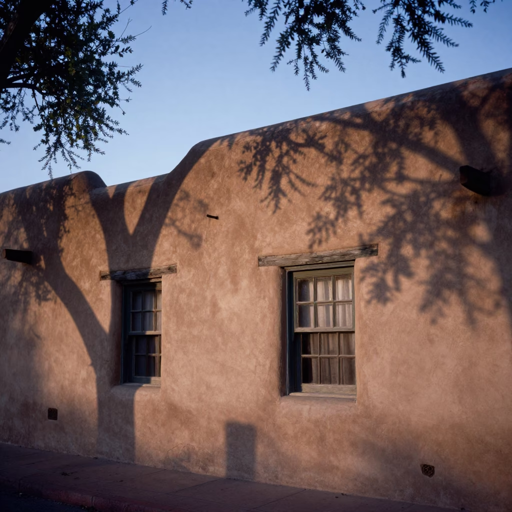Santa Fe New Mexico Nautical Dawn Adobe Street Scene with Leaf Shadows in in Santa Fe, New Mexico, United States
