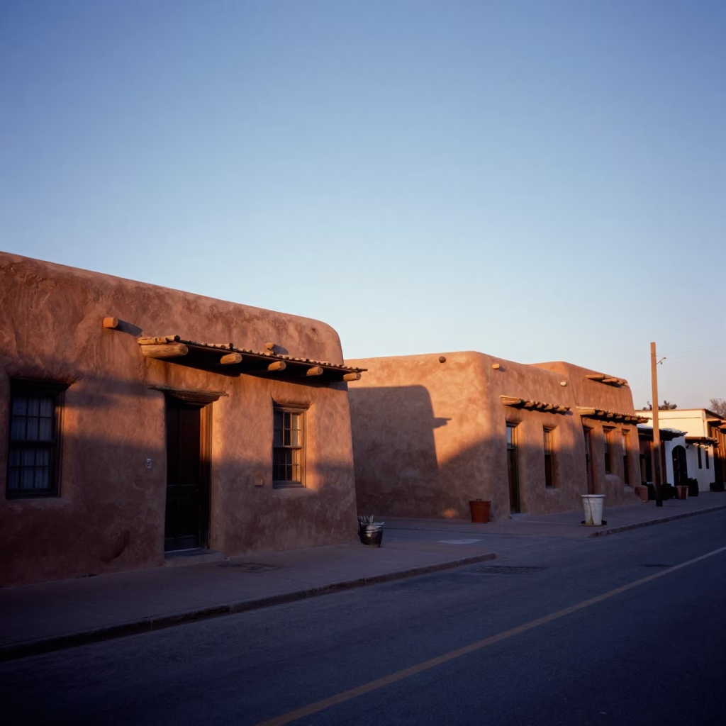 Santa Fe New Mexico Nautical Dawn Street Scene with adobe architecture and local life in in Santa Fe, New Mexico, United States
