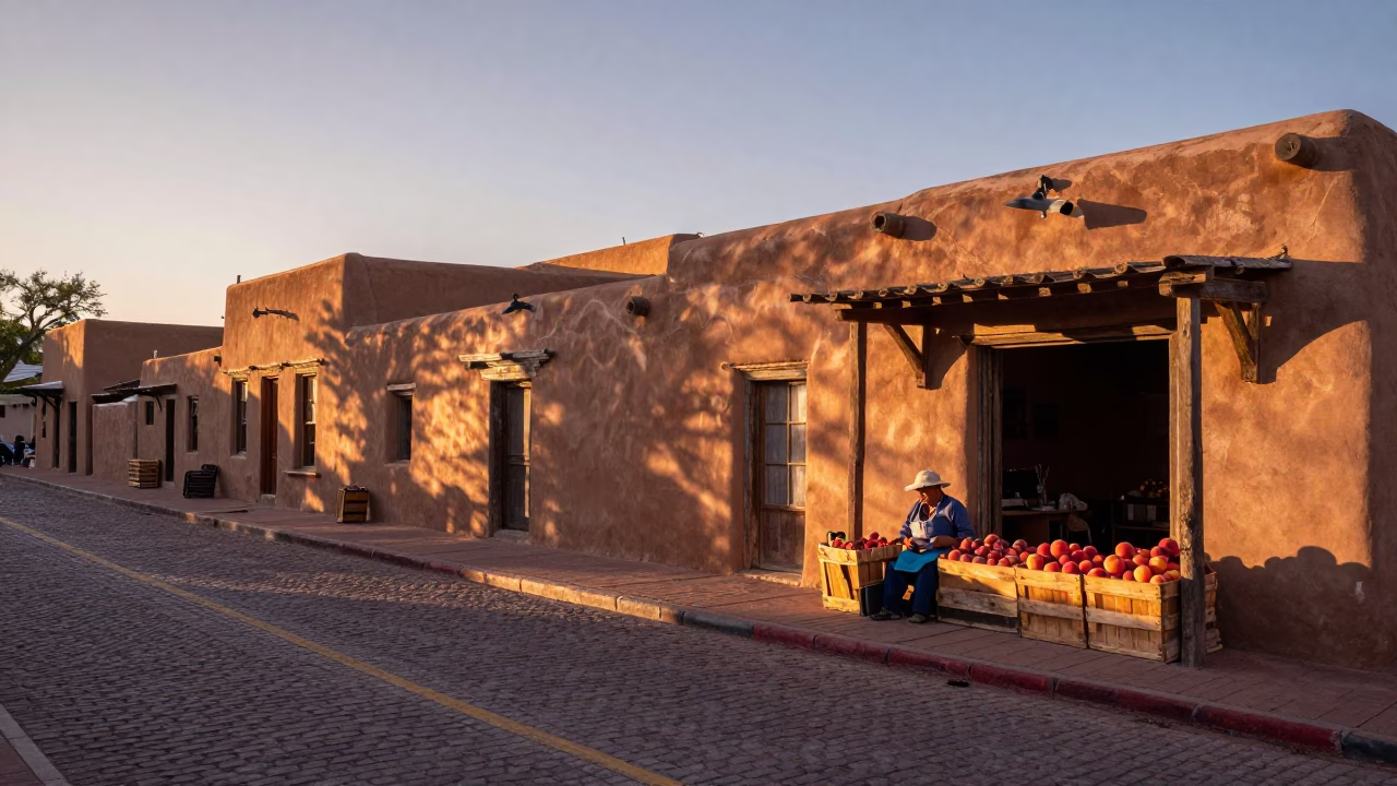 Santa Fe New Mexico Nautical Dawn Street Scene with Local Artisan in in Santa Fe, New Mexico, United States