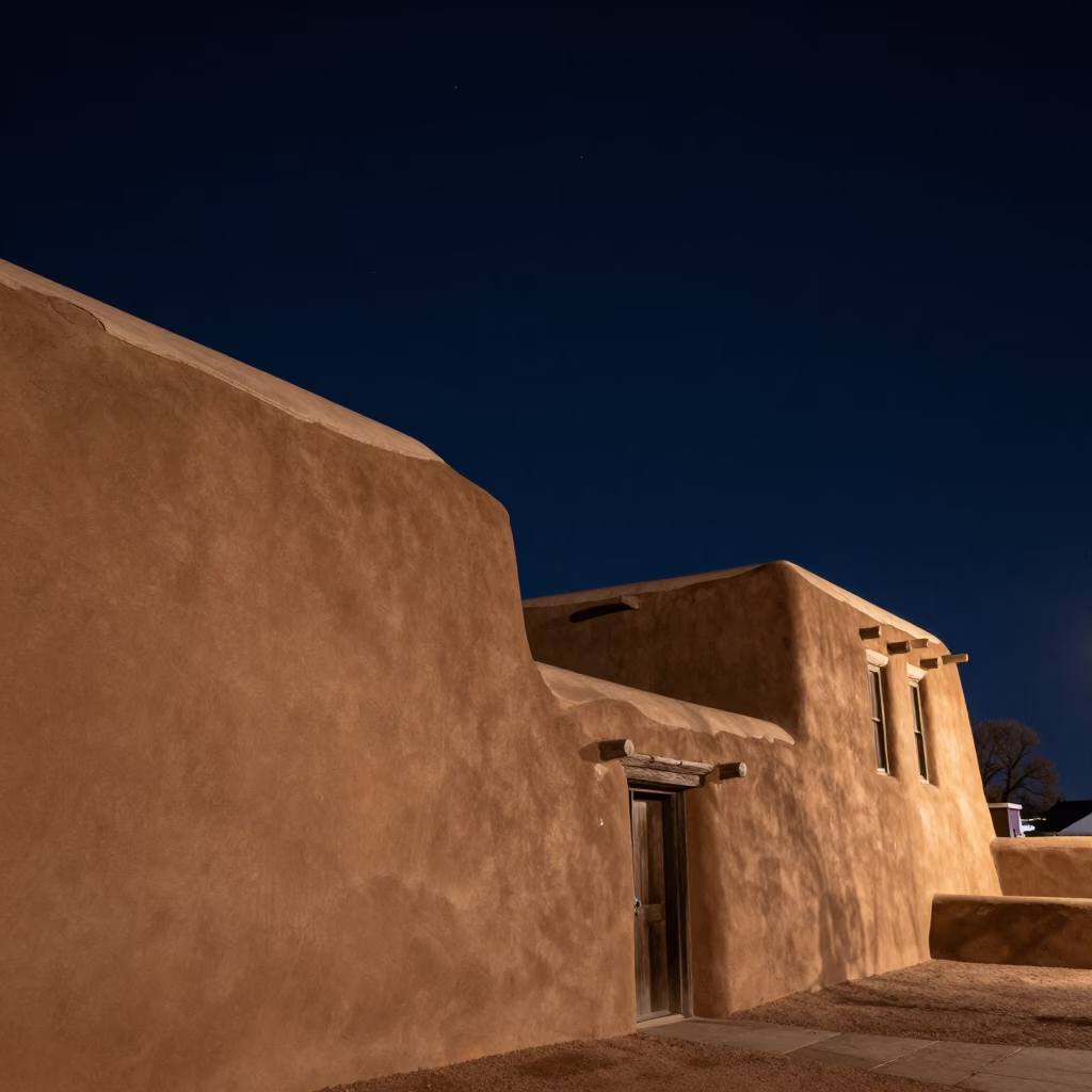 Santa Fe New Mexico Night Sky Adobe Architecture and Desert Landscape in in Santa Fe, New Mexico, United States